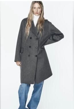 Zara Gray Oversized Double Breasted Wool Blend Midi Coat Women’s M Preppy Euro